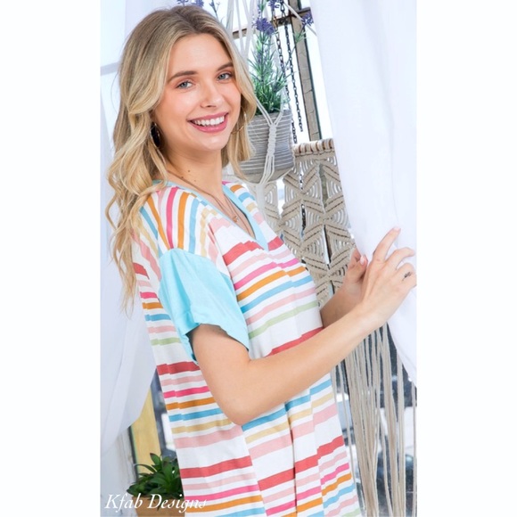 ❤️LAST! V Neck Super Soft Jersey Knit Multi Stripe Ruffle Sleeve Top! - Picture 6 of 11